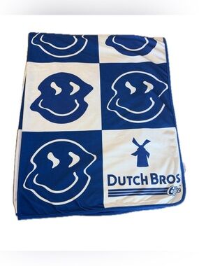 Dutch Bros Blanket Blue White Yellow Reversible Happy Face 48" x 60"